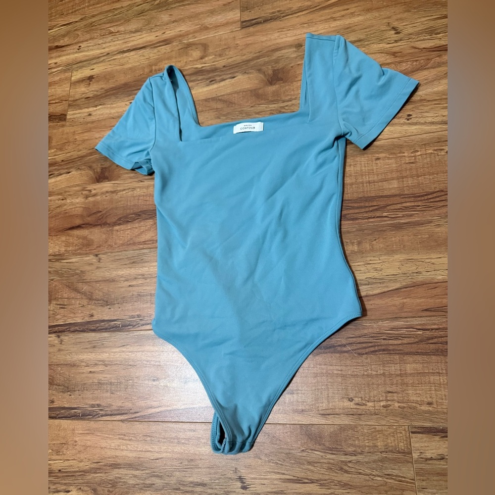 Square Neck Short Sleeve One-Piece Bodysuit - Dusty Teal T36